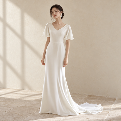 AI-styled editorial view of Wide-Sleeve V-Neck ROM Dress; compare original reference photographs for gown details