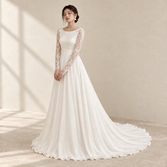 AI-styled editorial view of Long-Sleeve Chiffon ROM Gown; compare original reference photographs for gown details