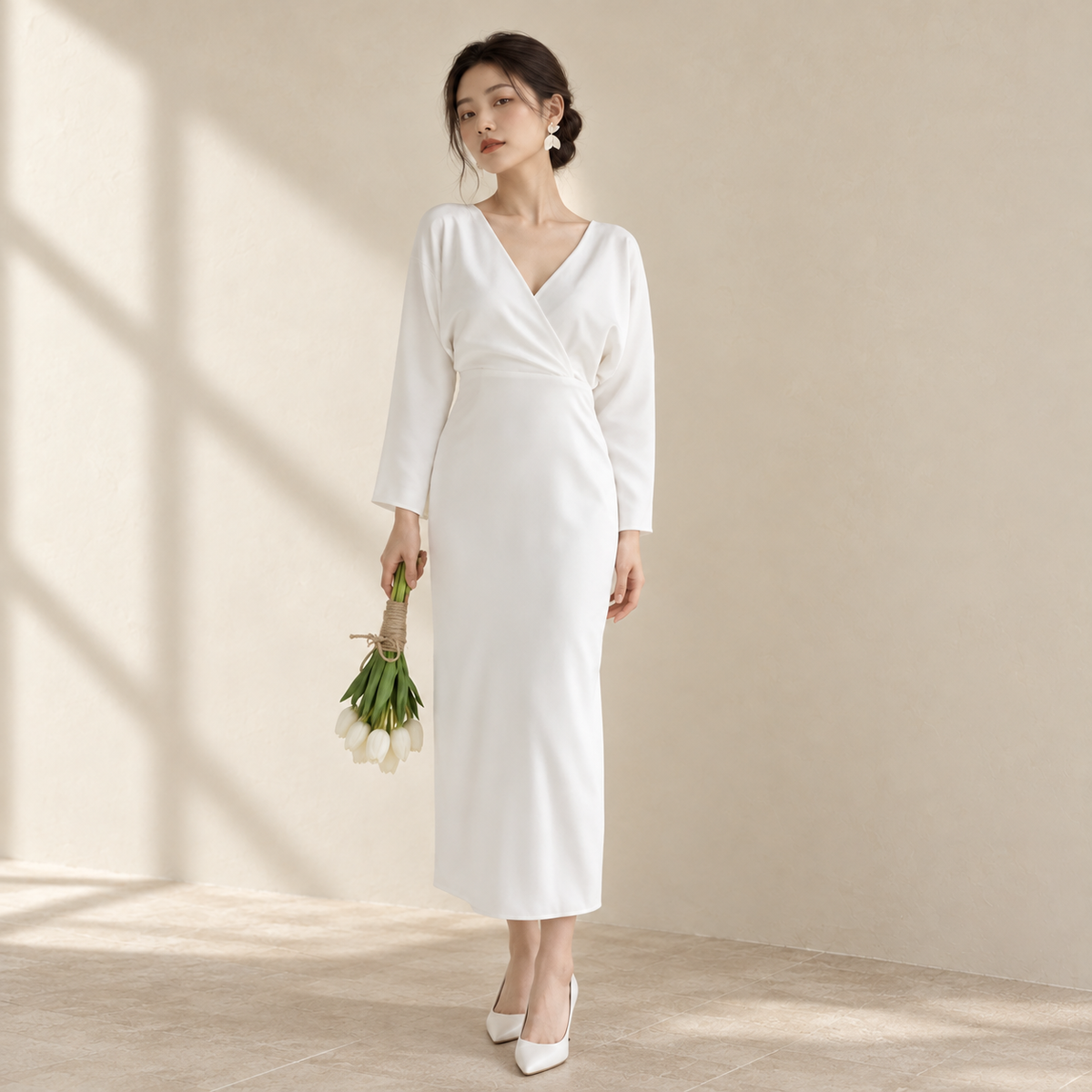 AI-styled editorial view of Long-Sleeve Fitted Satin ROM Dress; compare original reference photographs for gown details