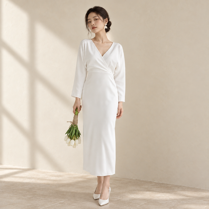 AI-styled editorial view of Long-Sleeve Fitted Satin ROM Dress; compare original reference photographs for gown details