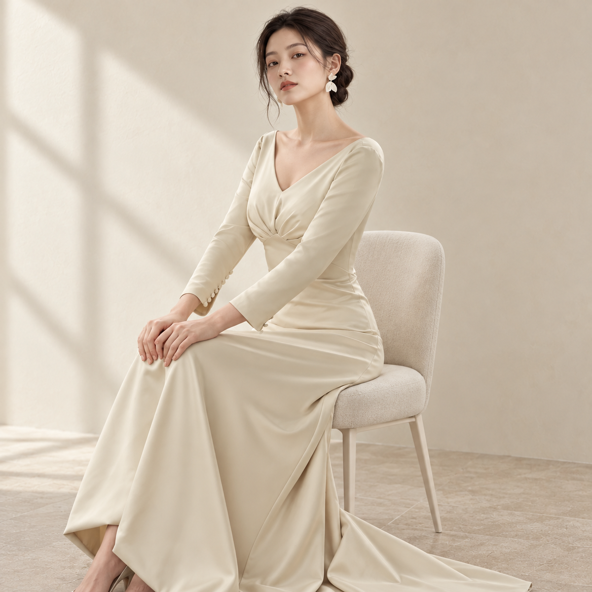 AI-styled editorial view of Champagne Wrap-Sleeve ROM Gown; compare original reference photographs for gown details