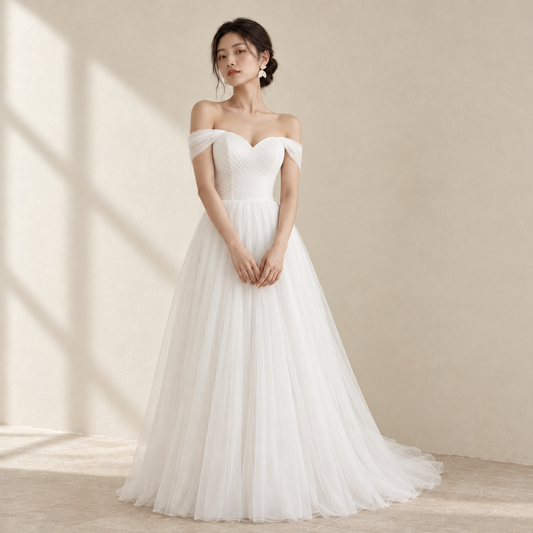 AI-styled editorial view of Foldover Off-Shoulder ROM Gown; compare original reference photographs for gown details