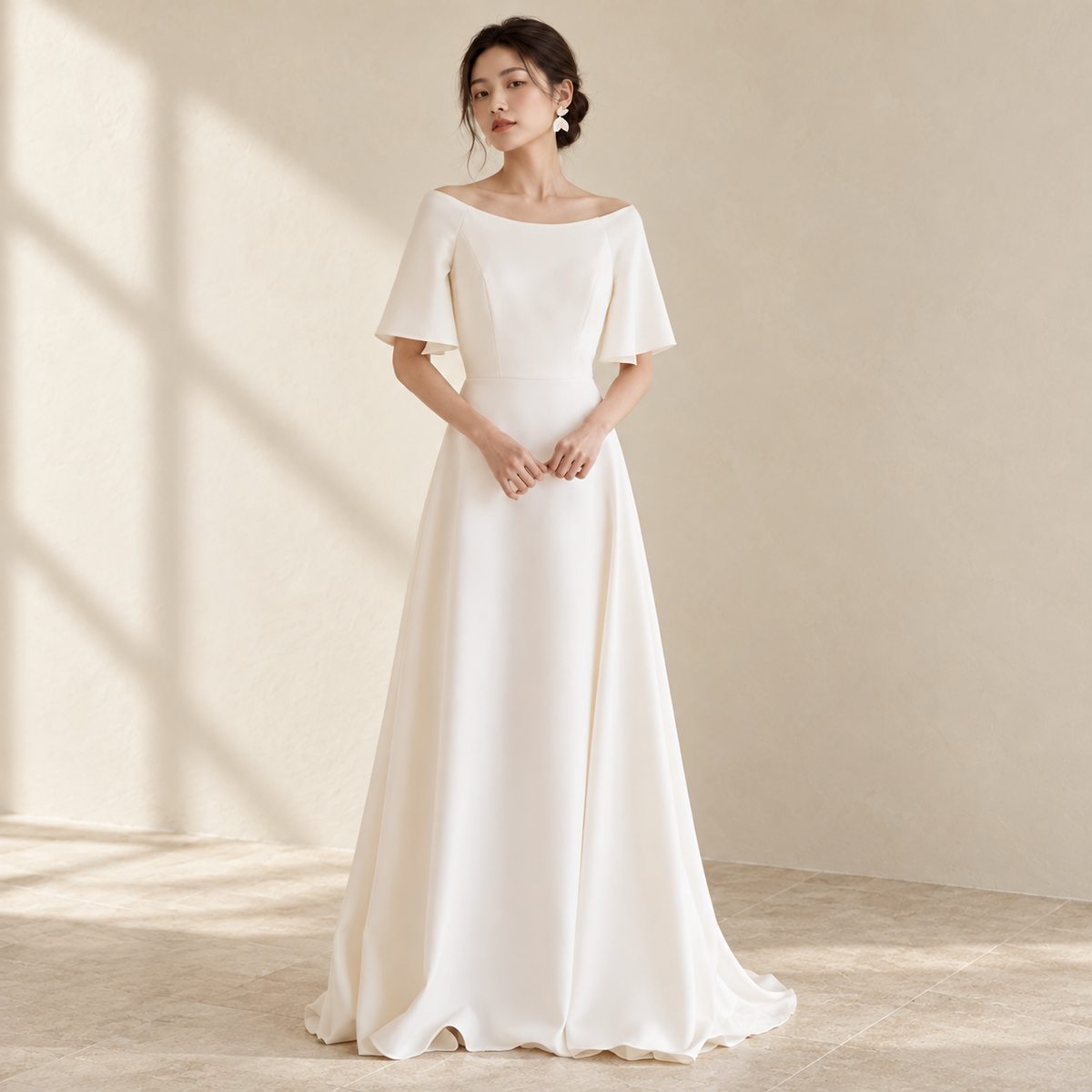 AI-styled editorial view of Wide-Neck A-Line ROM Gown; compare original reference photographs for gown details