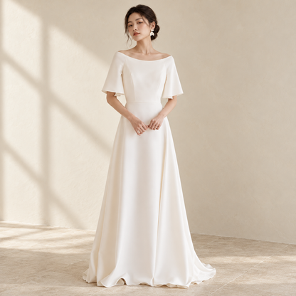 AI-styled editorial view of Wide-Neck A-Line ROM Gown; compare original reference photographs for gown details