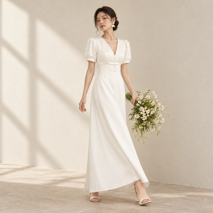 AI-styled editorial view of Minimalist Off-Shoulder ROM Dress; compare original reference photographs for gown details