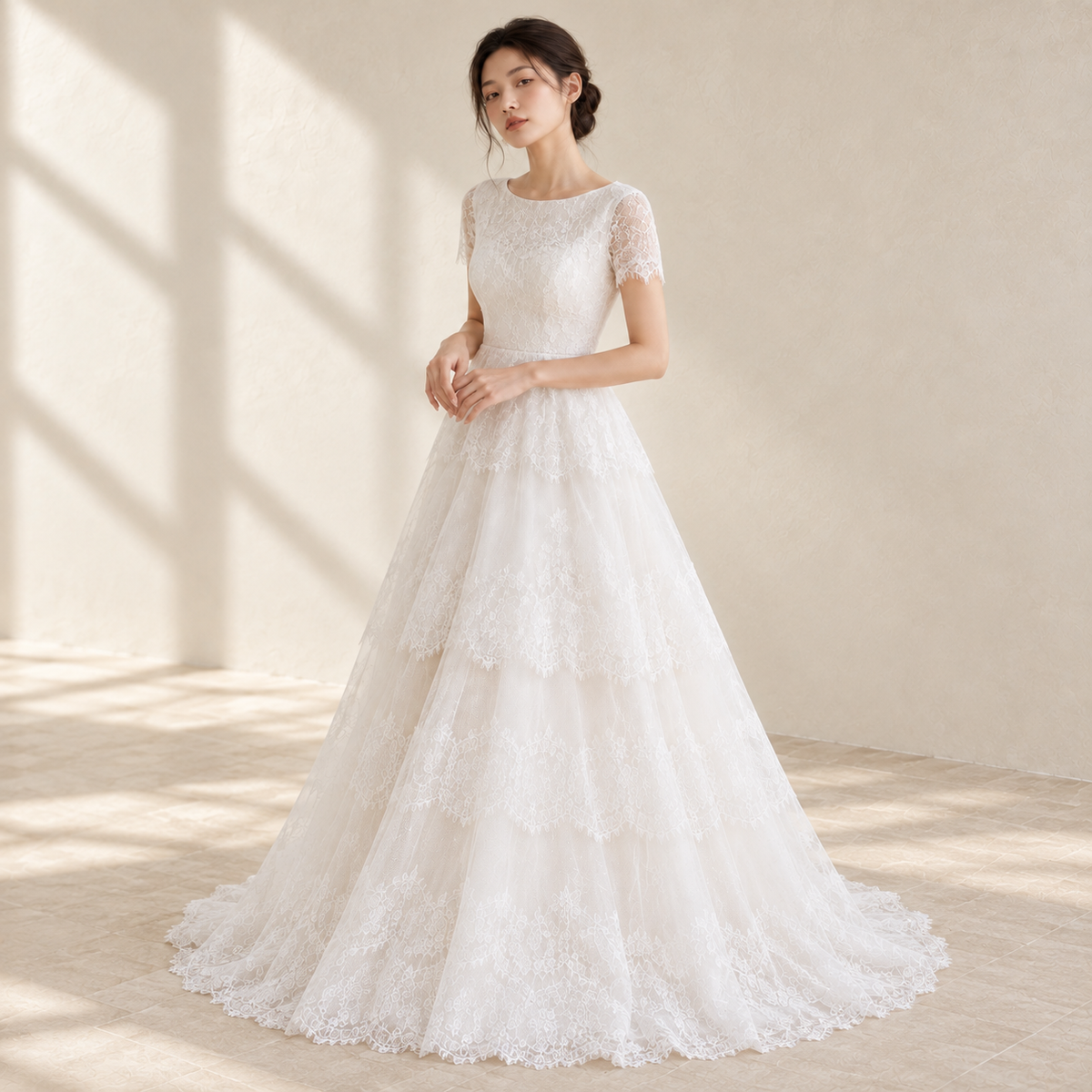 AI-styled editorial view of Short-Sleeve Lace ROM Gown; compare original reference photographs for gown details