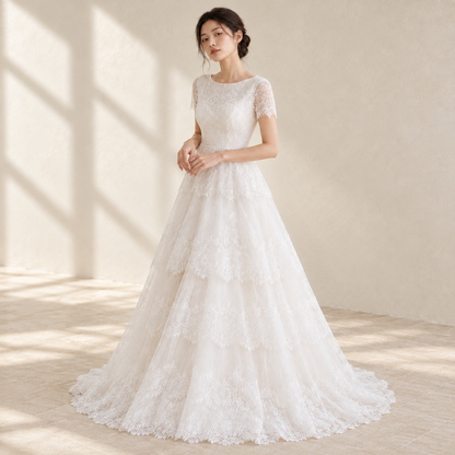 AI-styled editorial view of Short-Sleeve Lace ROM Gown; compare original reference photographs for gown details