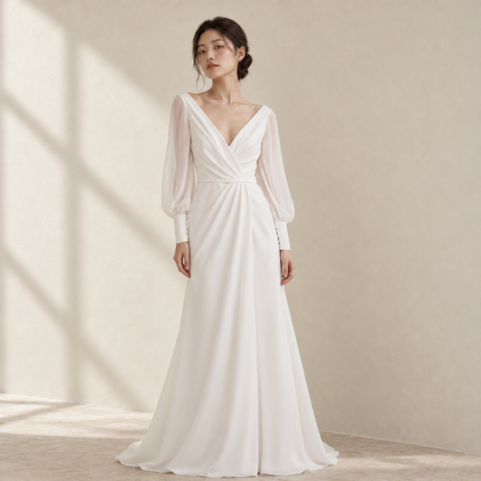 AI-styled editorial view of Long-Sleeve Draped ROM Gown; compare original reference photographs for gown details