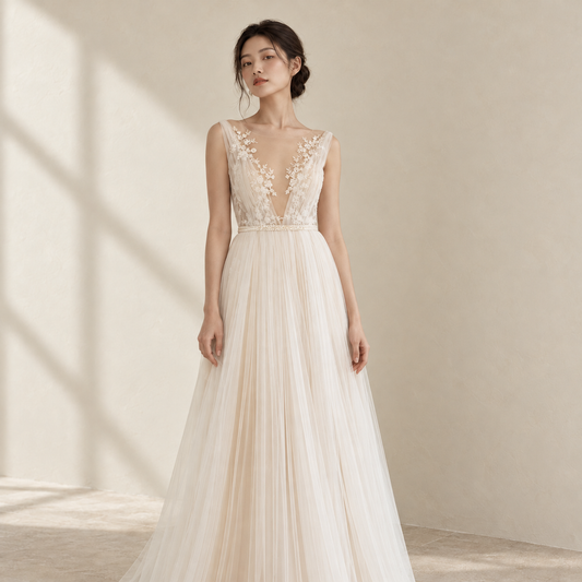 AI-styled editorial view of Champagne Lace-Bodice ROM Gown; compare original reference photographs for gown details