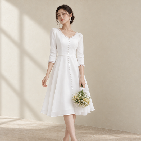 AI-styled editorial view of Long-Sleeve Square-Neck ROM Dress; compare original reference photographs for gown details