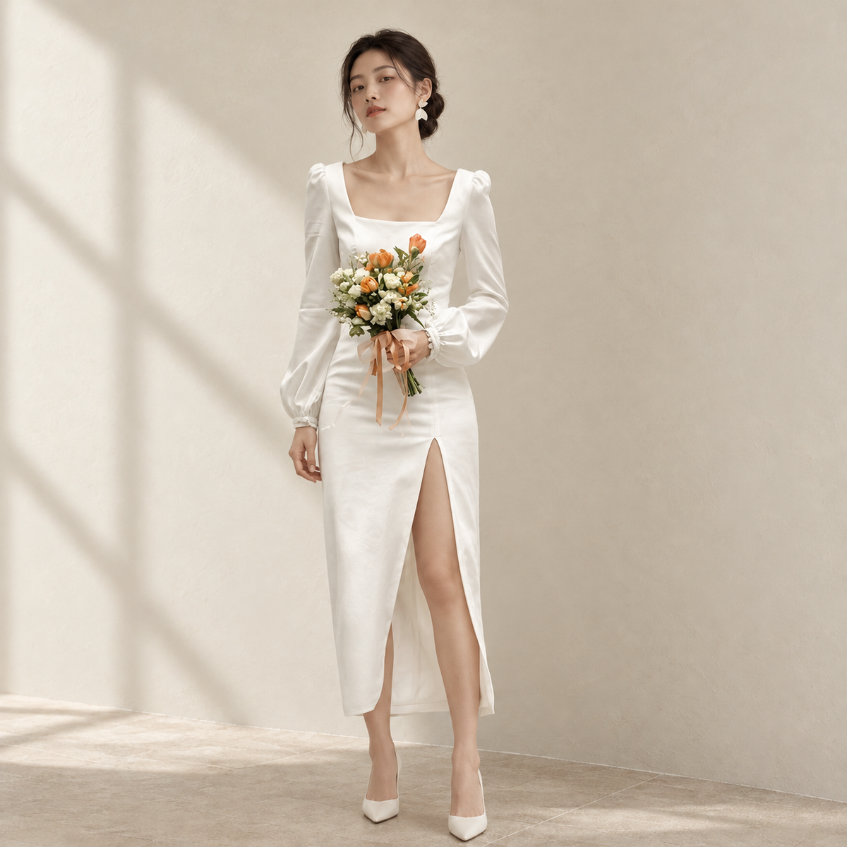 AI-styled editorial view of Off-Shoulder Satin Trumpet ROM Gown; compare original reference photographs for gown details