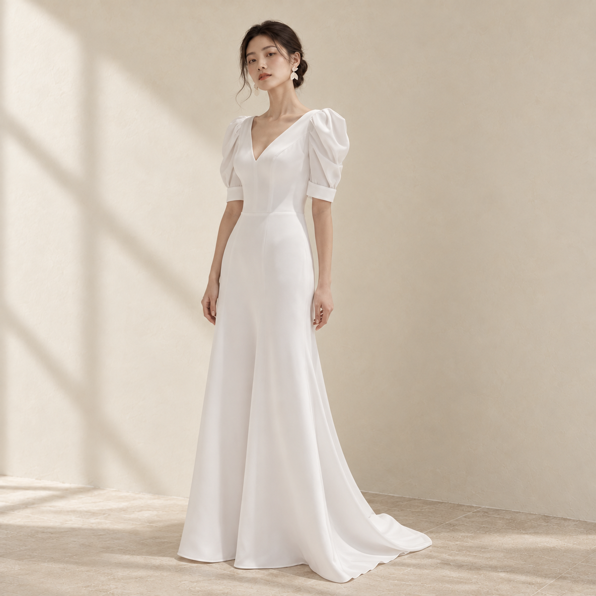 AI-styled editorial view of Slim-Strap A-Line ROM Gown; compare original reference photographs for gown details
