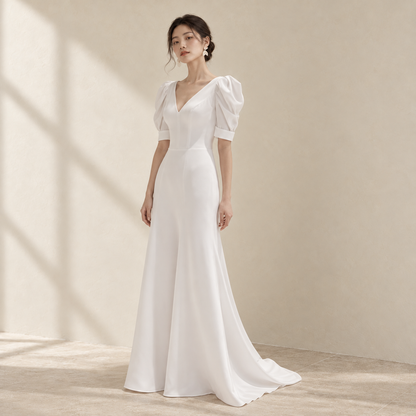 AI-styled editorial view of Slim-Strap A-Line ROM Gown; compare original reference photographs for gown details