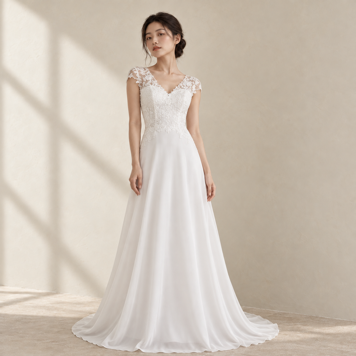 AI-styled editorial view of Cap-Sleeve Lace A-Line ROM Gown; compare original reference photographs for gown details