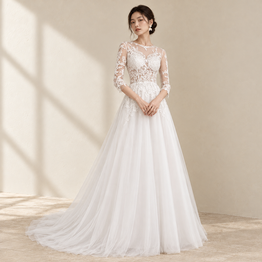 AI-styled editorial view of Long-Sleeve Lace Train ROM Gown; compare original reference photographs for gown details