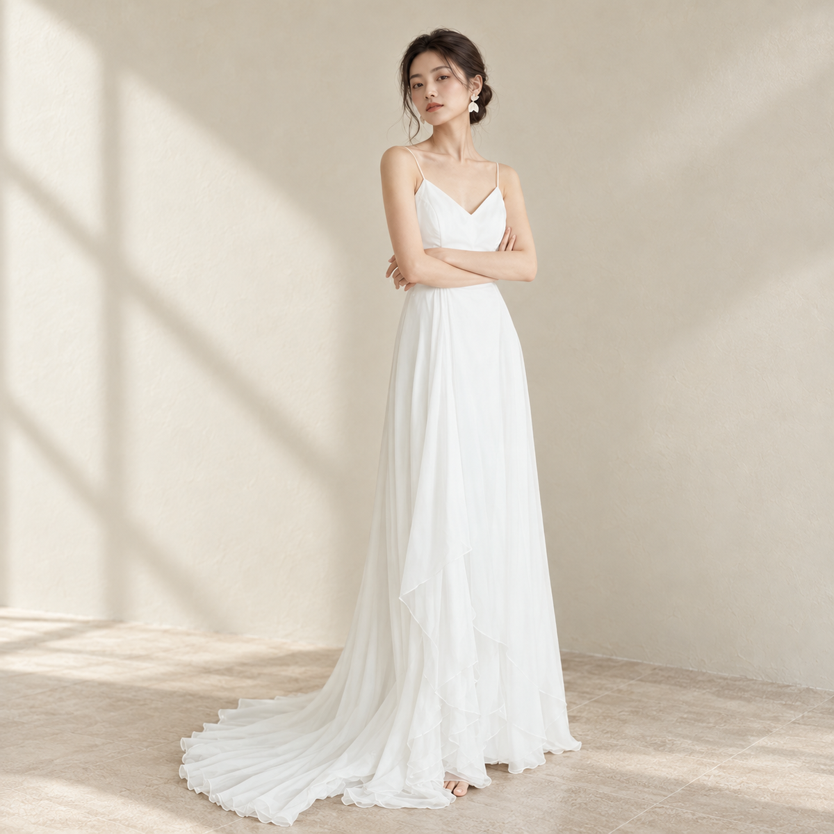 AI-styled editorial view of V-Neck Satin A-Line ROM Gown; compare original reference photographs for gown details