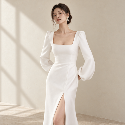 AI-styled editorial view of Square-Neck Long-Sleeve ROM Dress; compare original reference photographs for gown details
