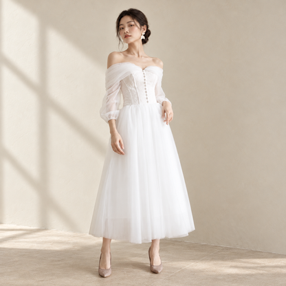 AI-styled editorial view of Minimalist Flowing ROM Gown; compare original reference photographs for gown details