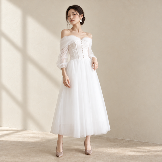 AI-styled editorial view of Minimalist Flowing ROM Gown; compare original reference photographs for gown details