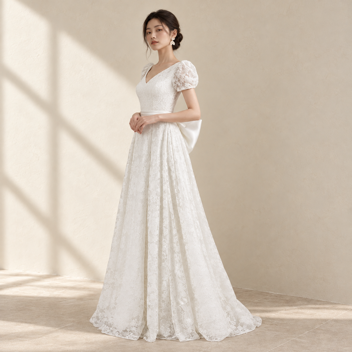 AI-styled editorial view of Puff-Sleeve Lace ROM Gown; compare original reference photographs for gown details