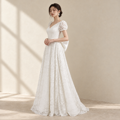 AI-styled editorial view of Puff-Sleeve Lace ROM Gown; compare original reference photographs for gown details