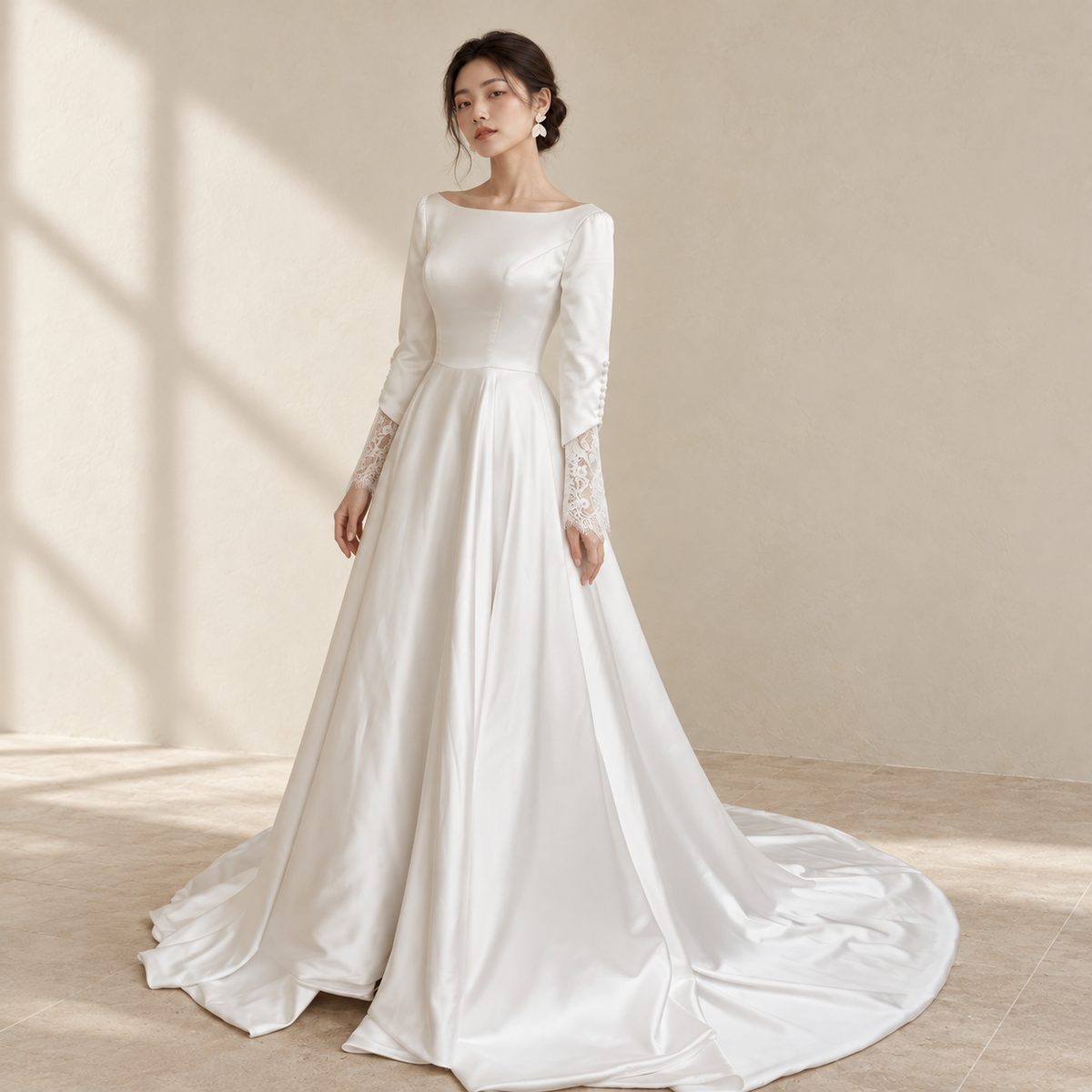 AI-styled editorial view of Long-Sleeve Round-Neck ROM Gown; compare original reference photographs for gown details