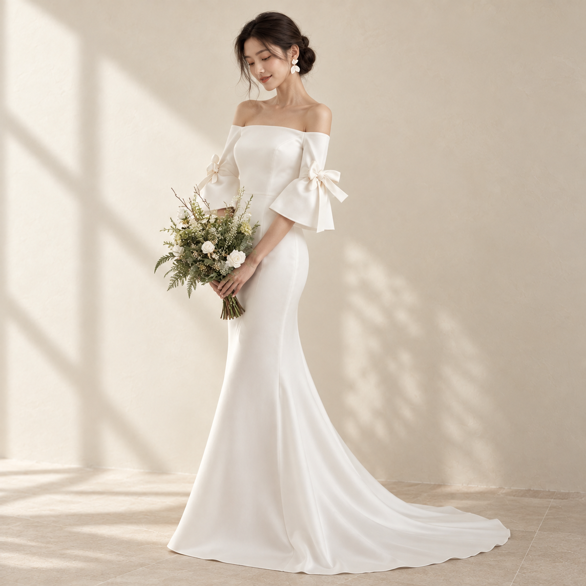 AI-styled editorial view of Foldover Satin Sheath ROM Gown; compare original reference photographs for gown details