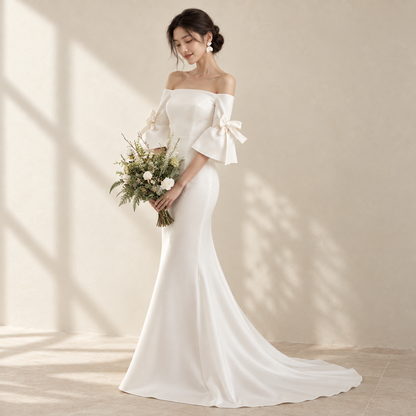 AI-styled editorial view of Foldover Satin Sheath ROM Gown; compare original reference photographs for gown details