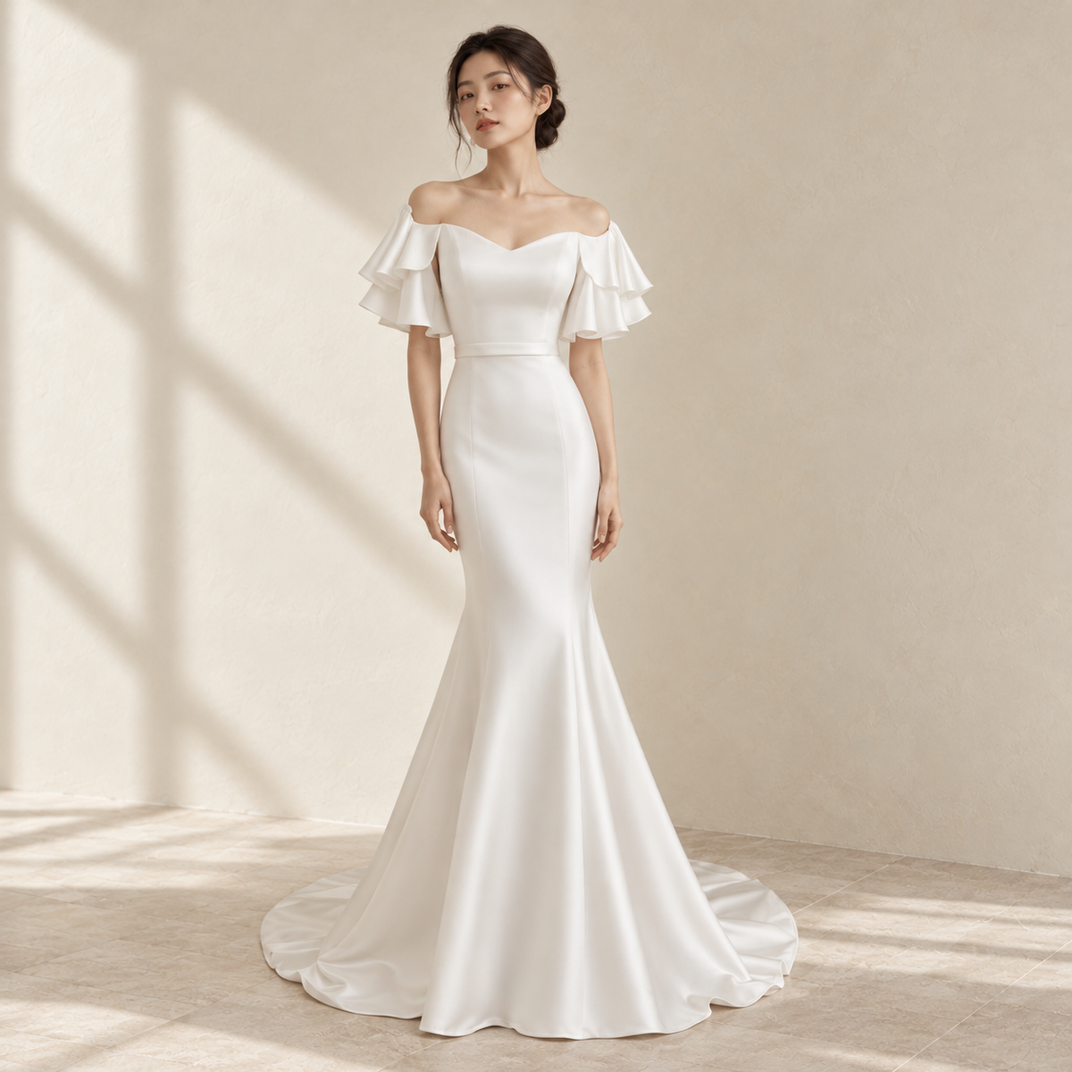 AI-styled editorial view of Off-Shoulder Fishtail ROM Gown; compare original reference photographs for gown details