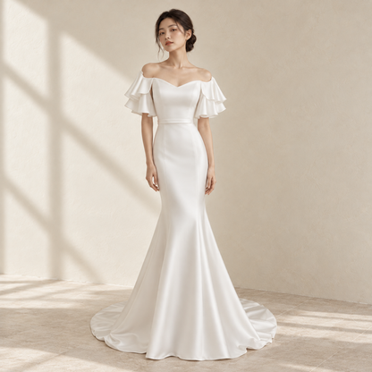 AI-styled editorial view of Off-Shoulder Fishtail ROM Gown; compare original reference photographs for gown details