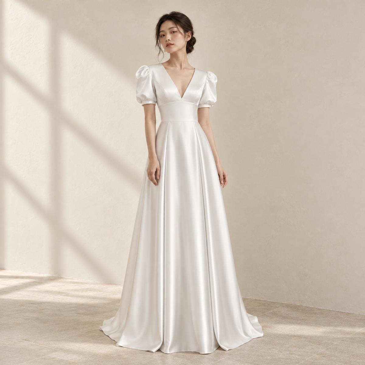 AI-styled editorial view of Puff-Sleeve V-Neck ROM Gown; compare original reference photographs for gown details