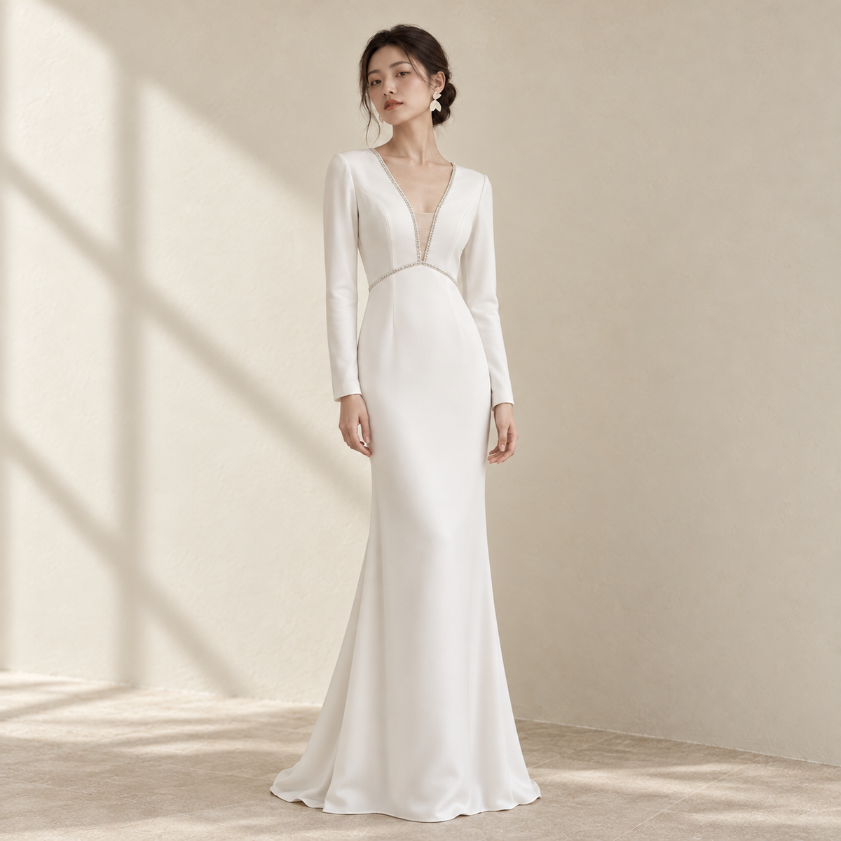 AI-styled editorial view of Long-Sleeve V-Neck ROM Gown; compare original reference photographs for gown details