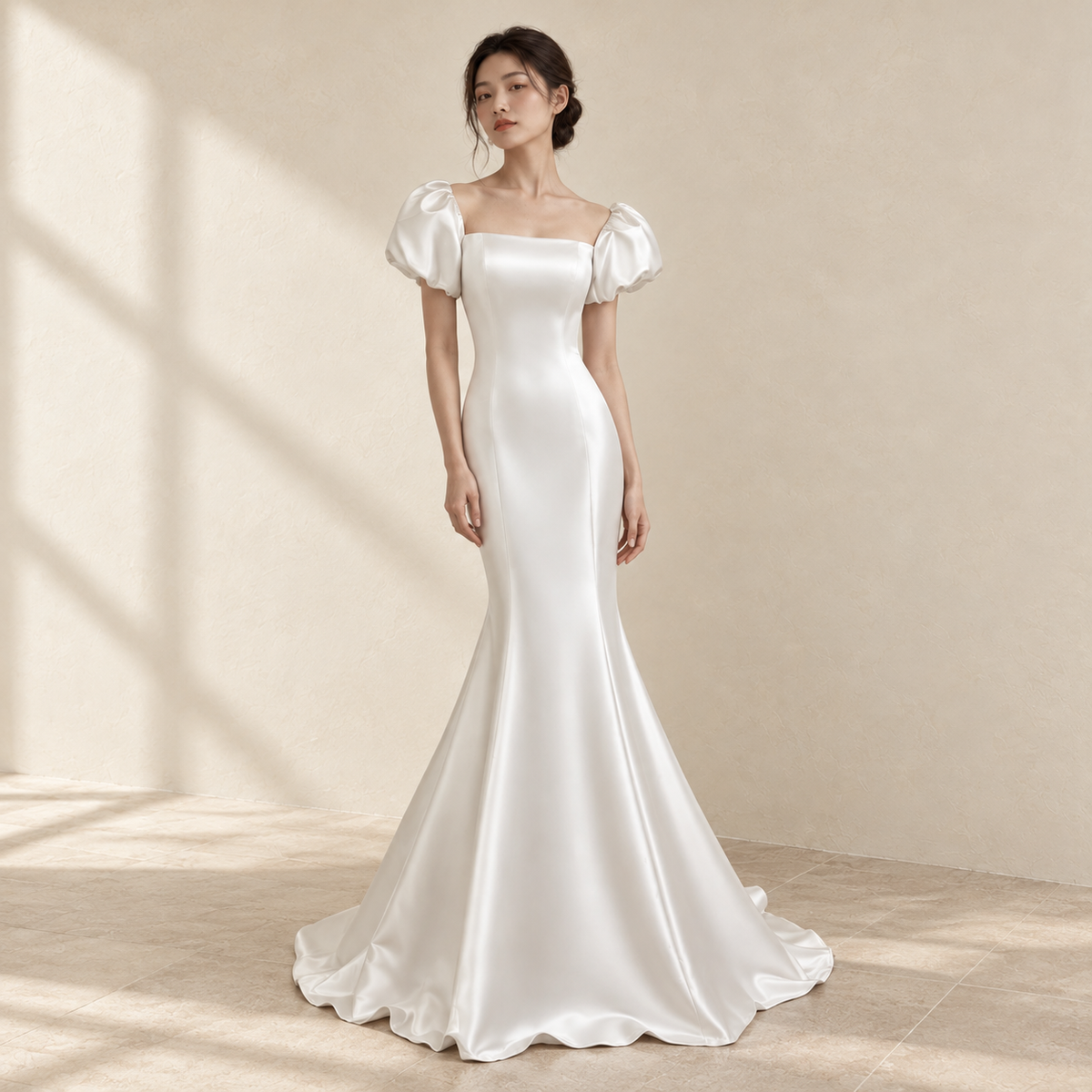 AI-styled editorial view of Off-Shoulder Satin Mermaid ROM Gown; compare original reference photographs for gown details