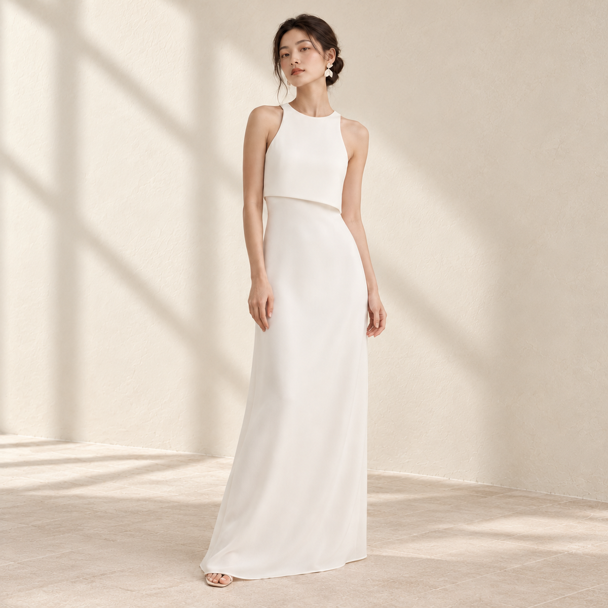 AI-styled editorial view of Asymmetric Backless ROM Dress; compare original reference photographs for gown details