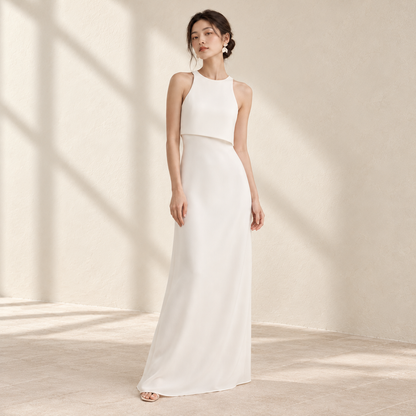 AI-styled editorial view of Asymmetric Backless ROM Dress; compare original reference photographs for gown details