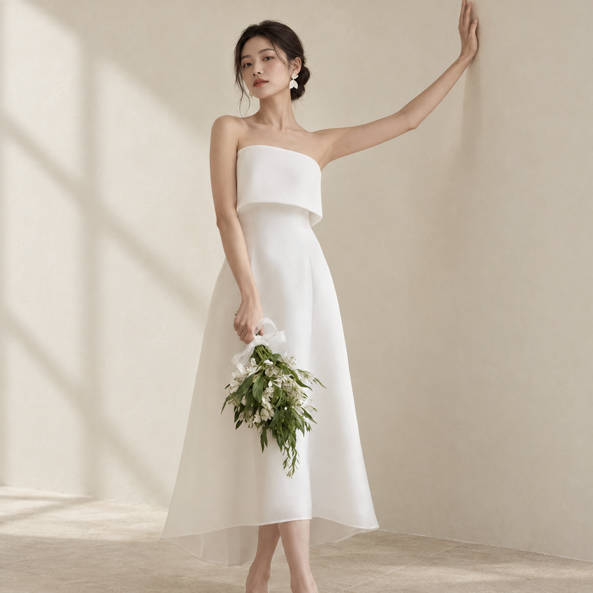 AI-styled editorial view of Strapless Tea-Length ROM Dress; compare original reference photographs for gown details
