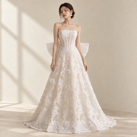 AI-styled editorial view of French retro lace light wedding dress bride high-grade tube top slimming out of the door temperament super fairy welcoming dress female; compare original reference photographs for gown details