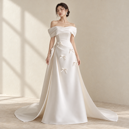 AI-styled editorial view of Bride's one-shoulder satin beautiful French-style light wedding dress for going out, high-end forest-style tailing welcoming engagement dress; compare original reference photographs for gown details