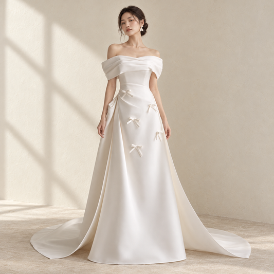 AI-styled editorial view of Bride's one-shoulder satin beautiful French-style light wedding dress for going out, high-end forest-style tailing welcoming engagement dress; compare original reference photographs for gown details