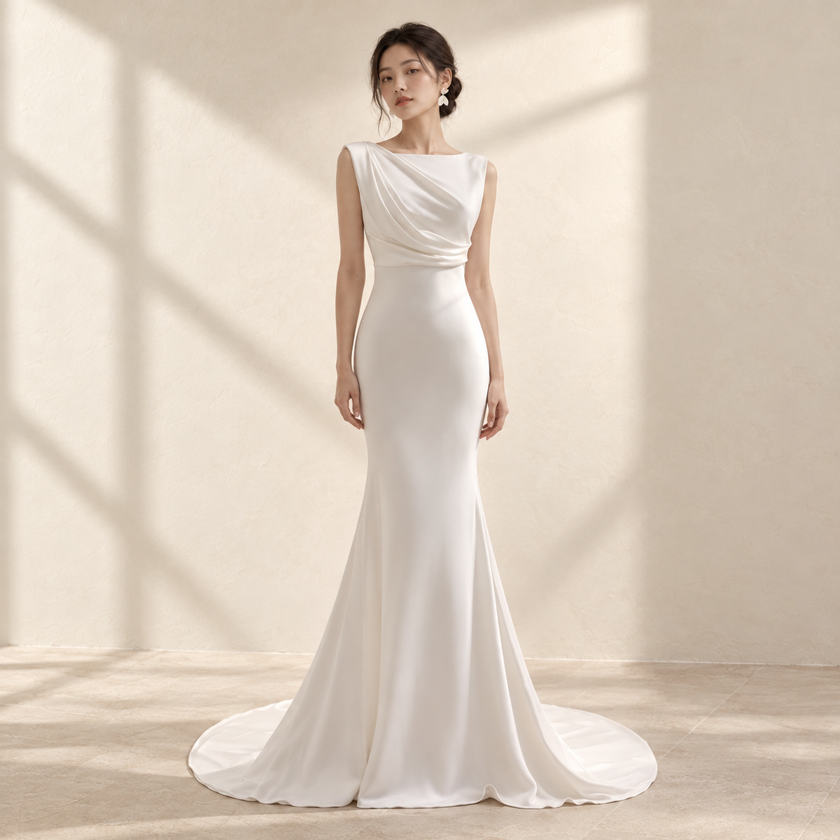 AI-styled editorial view of Wedding Dress White pleated design; compare original reference photographs for gown details