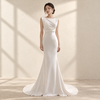 AI-styled editorial view of Wedding Dress White pleated design; compare original reference photographs for gown details