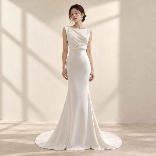 AI-styled editorial view of Wedding Dress White pleated design; compare original reference photographs for gown details