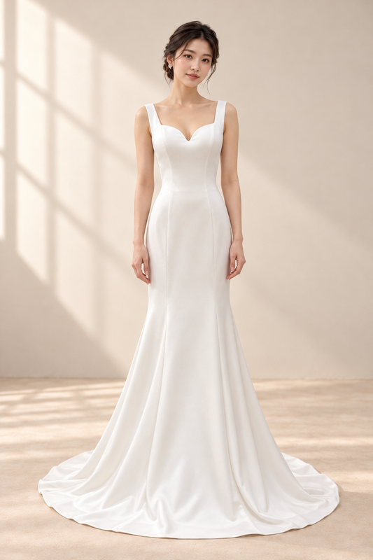 AI-assisted model visualisation of Serenity bridal gown, front view showing wide straps, sweetheart neckline and fitted flared skirt.
