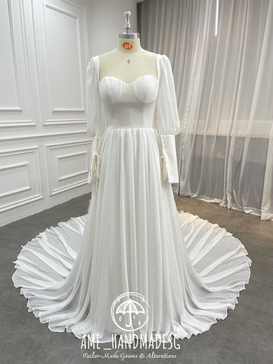 Romantique Puff-Sleeve Chiffon Wedding Gown