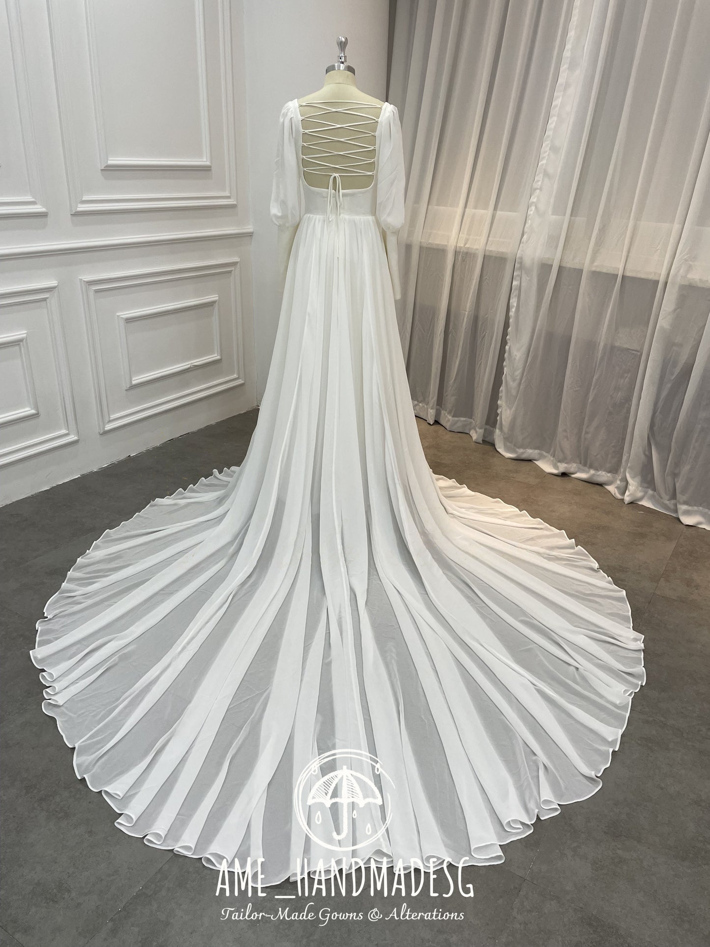 Romantique Puff-Sleeve Chiffon Wedding Gown