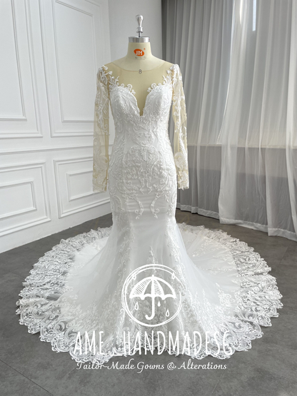 Elegant Long-Sleeve Lace Mermaid Wedding Gown with Illusion Neckline & Chapel Train