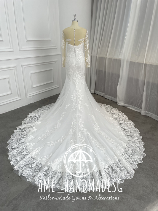 Elegant Long-Sleeve Lace Mermaid Wedding Gown with Illusion Neckline & Chapel Train