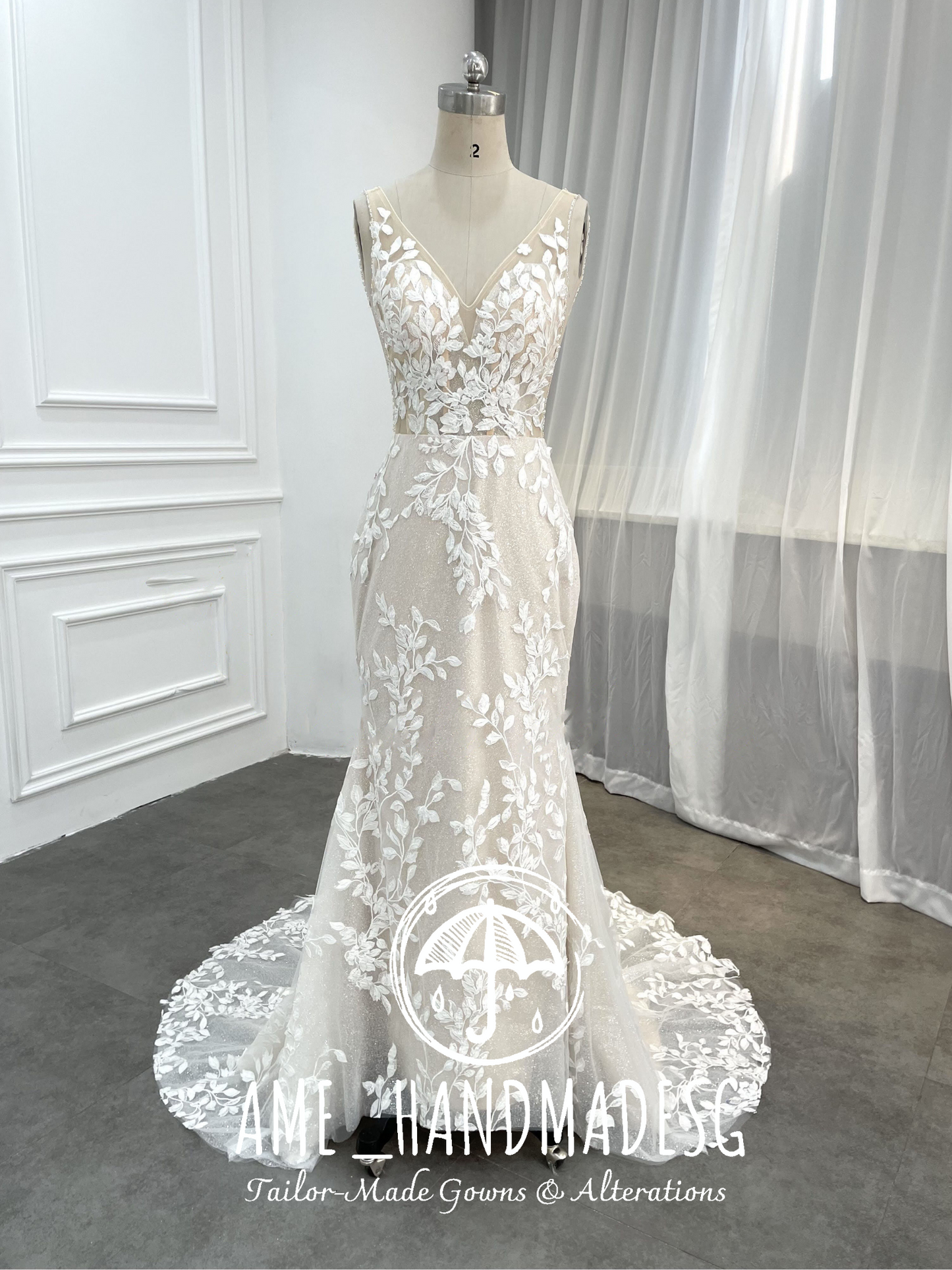 Romantic Floral Lace Mermaid Wedding Gown with Illusion Bodice & Chapel Train