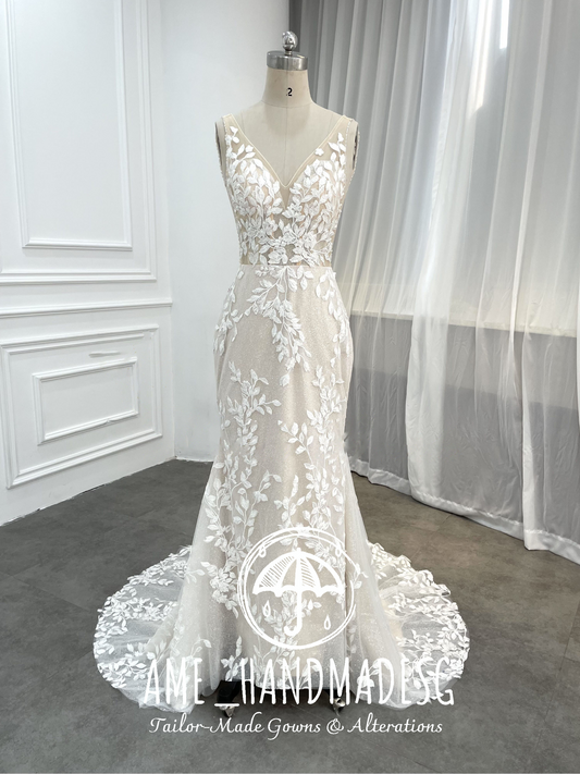 Romantic Floral Lace Mermaid Wedding Gown with Illusion Bodice & Chapel Train