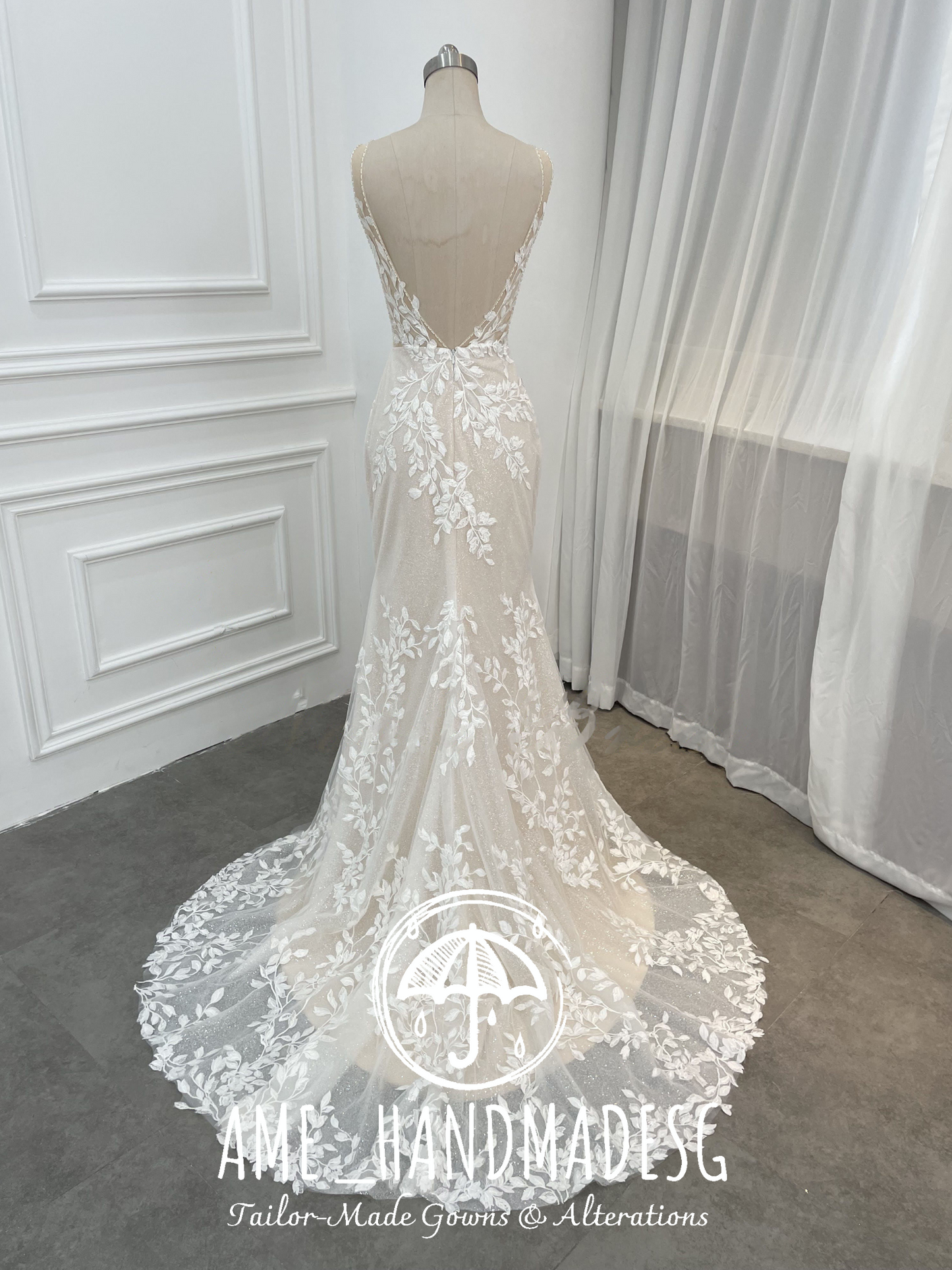 Romantic Floral Lace Mermaid Wedding Gown with Illusion Bodice & Chapel Train